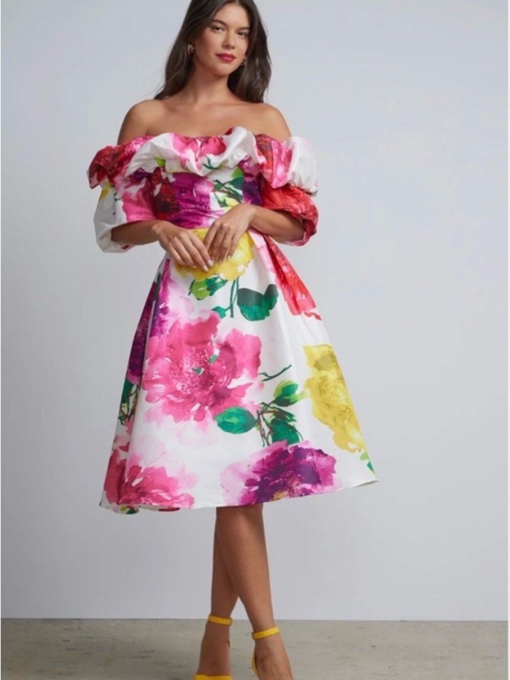 New York & Company White One-Shoulder Floral Midi Dress in Pink, Yellow & Green